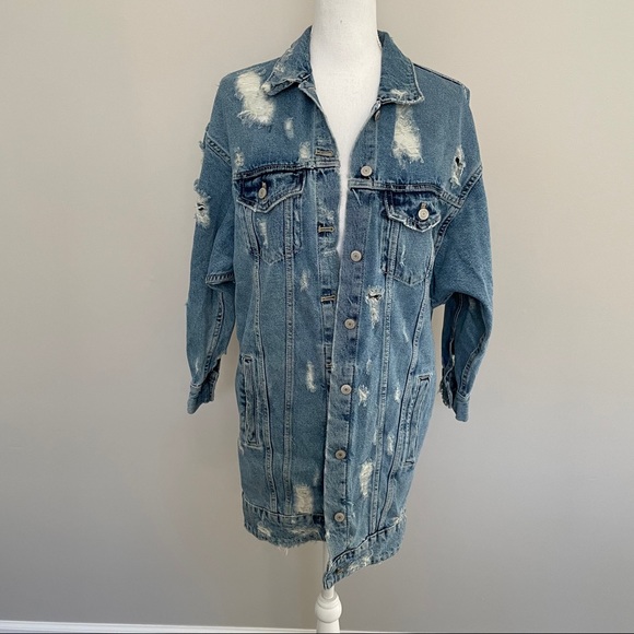 Zara Trafaluc Denim Jean Jacket Distressed Destroyed Long Pockets Blue - Picture 1 of 15
